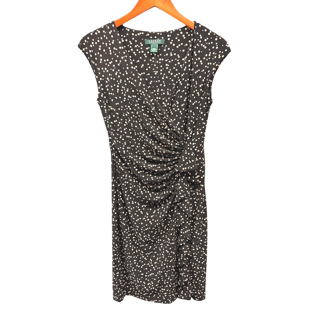 Lauren Ralph Lauren Ruched Sheath Dress Womens 8 Black Polka Dot Cocktail